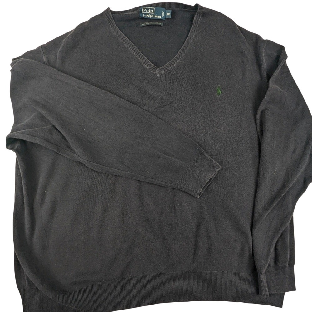 Polo Ralph Lauren Mens XXL Navy Blue Pima Cotton V-Neck Sweater Green Pony Logo - Picture 2 of 11